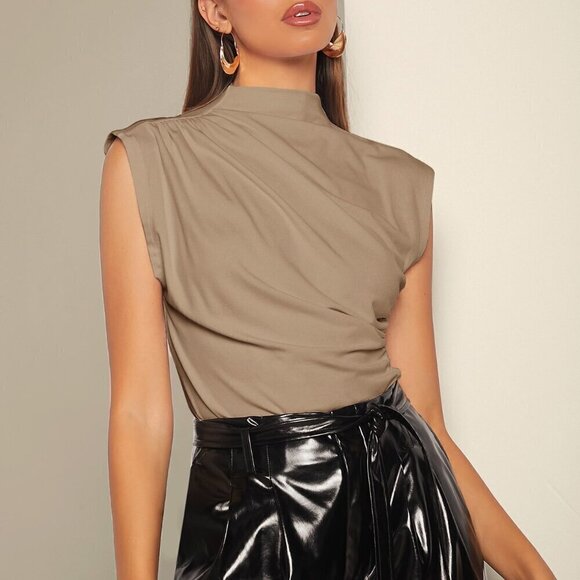 Khaki Elegant Women's Mock Neck Ruched Tank Top Workwear - Picture 4 of 6